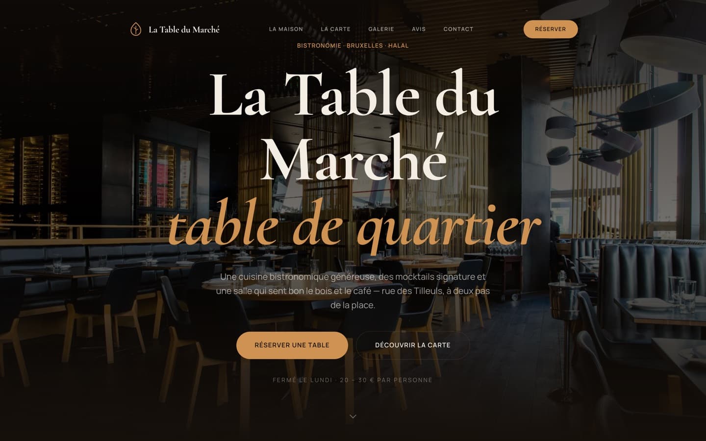 Maquette de site pour un restaurant bruxellois : grande photo de salle, titre en serif, boutons de réservation.